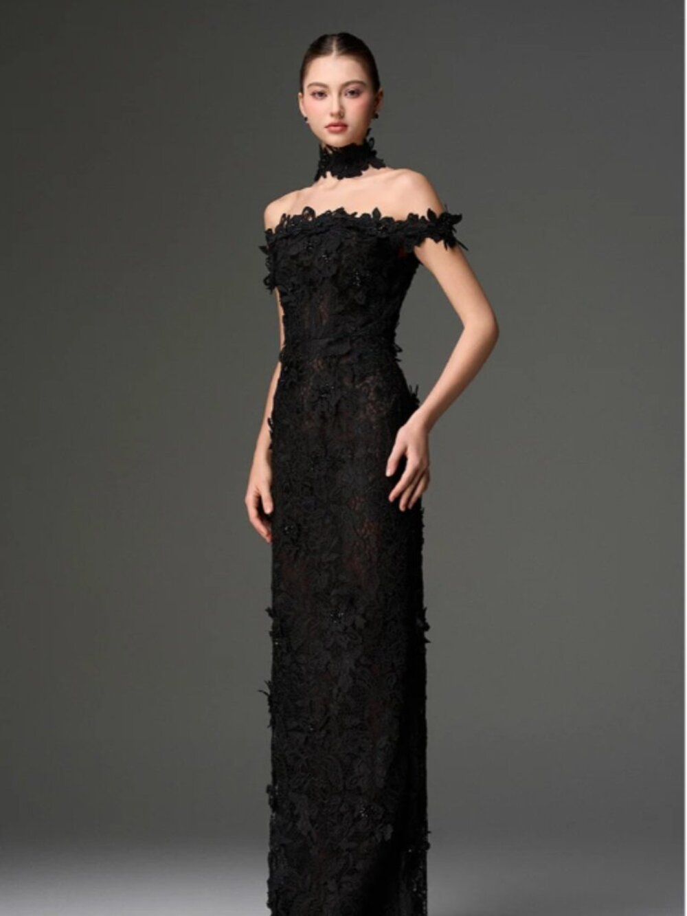 Cult Mia I.H.F Studio-Off-Shoulder Floral Lace Column Dress In Black-US Size 10